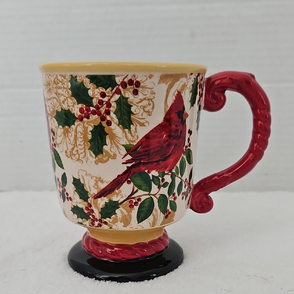Sleigh Bell Elegant Holiday Red Cardinal Scrolled Handle Footed Coffee Tea Mug